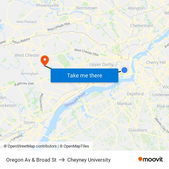 Oregon Av & Broad St to Cheyney University map