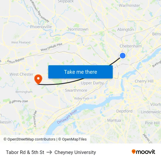 Tabor Rd & 5th St to Cheyney University map