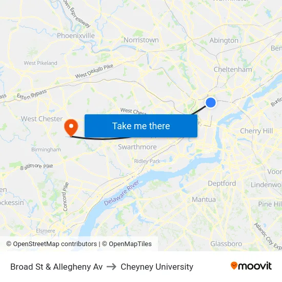 Broad St & Allegheny Av to Cheyney University map