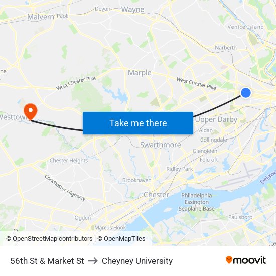 56th St & Market St to Cheyney University map