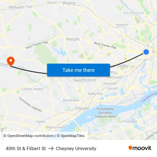 40th St & Filbert St to Cheyney University map