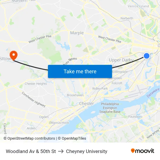 Woodland Av & 50th St to Cheyney University map