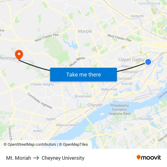 Mt. Moriah to Cheyney University map