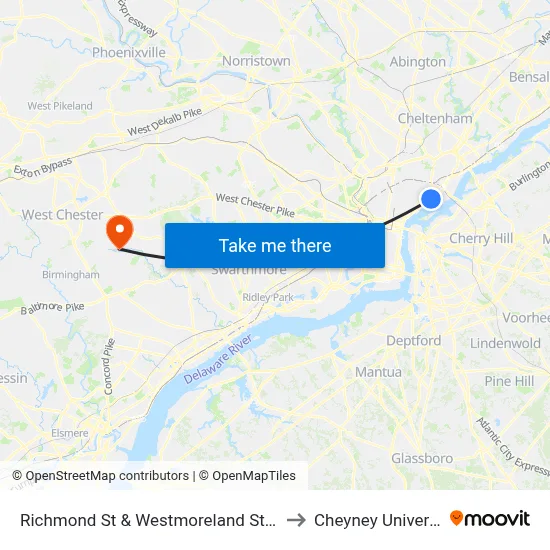 Richmond St & Westmoreland St Loop to Cheyney University map