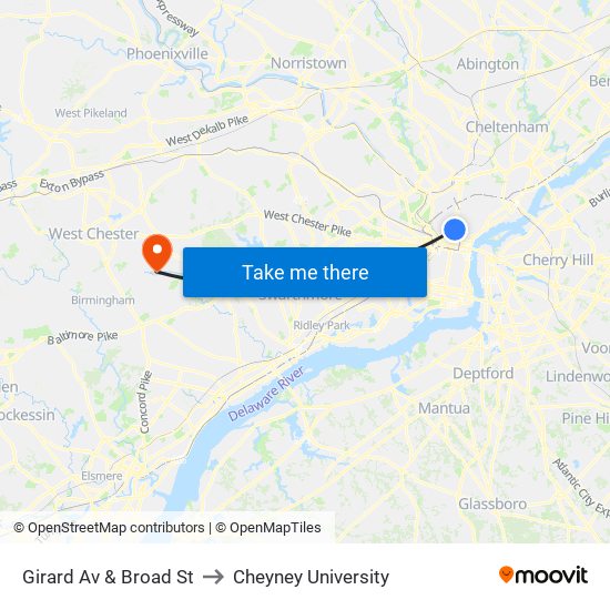 Girard Av & Broad St to Cheyney University map