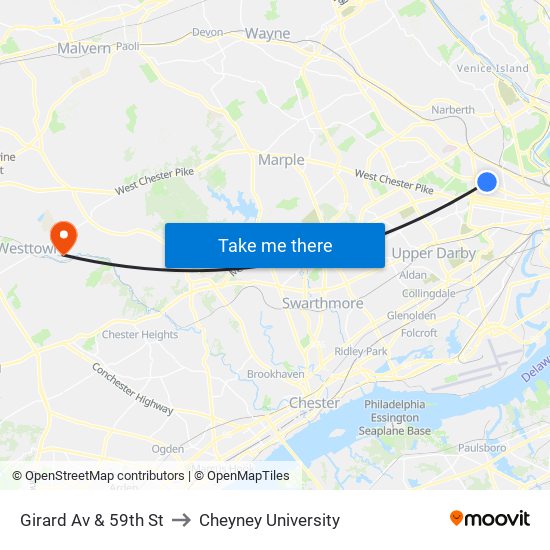 Girard Av & 59th St to Cheyney University map