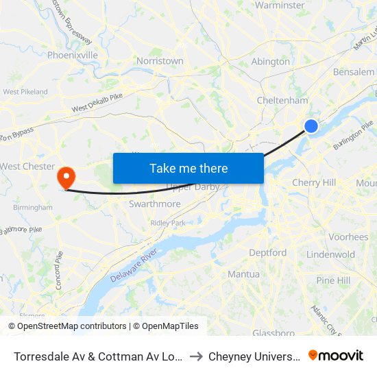 Torresdale Av & Cottman Av Loop to Cheyney University map