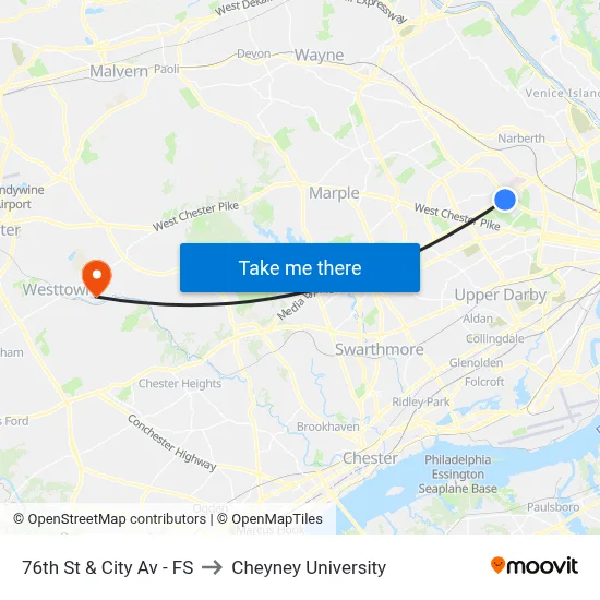 76th St & City Av - FS to Cheyney University map