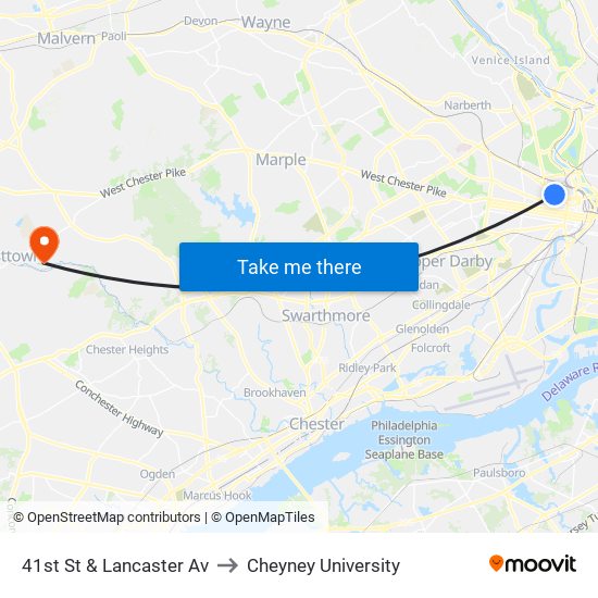 41st St & Lancaster Av to Cheyney University map