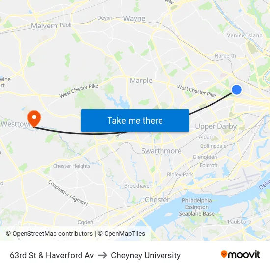 63rd St & Haverford Av to Cheyney University map