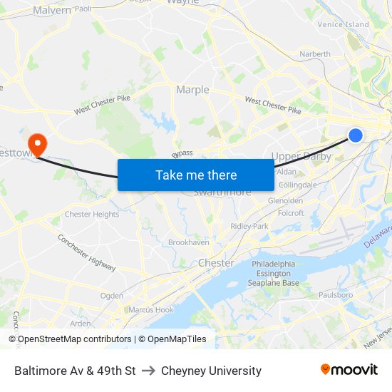 Baltimore Av & 49th St to Cheyney University map