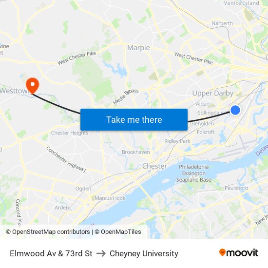 Elmwood Av & 73rd St to Cheyney University map