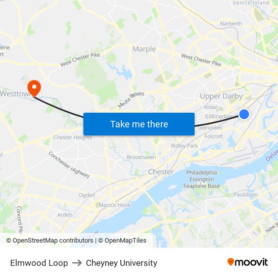 Elmwood Loop to Cheyney University map