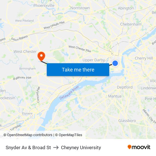 Snyder Av & Broad St to Cheyney University map