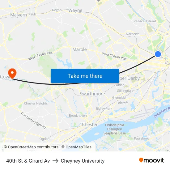 40th St & Girard Av to Cheyney University map