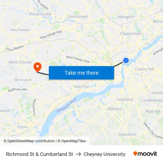 Richmond St & Cumberland St to Cheyney University map