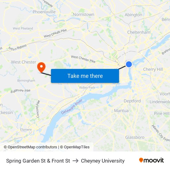 Spring Garden St & Front St to Cheyney University map