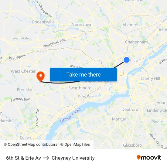 6th St & Erie Av to Cheyney University map
