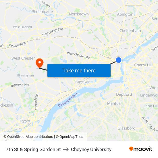 7th St & Spring Garden St to Cheyney University map