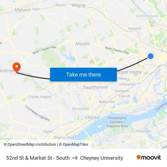 52nd St & Market St - South to Cheyney University map