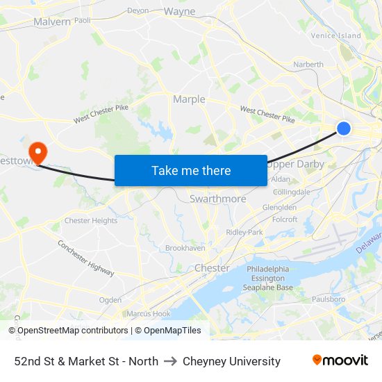 52nd St & Market St - North to Cheyney University map
