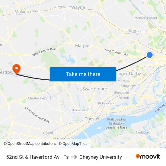 52nd St & Haverford Av - Fs to Cheyney University map