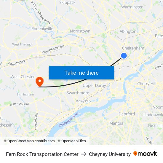 Fern Rock Transit Center to Cheyney University map