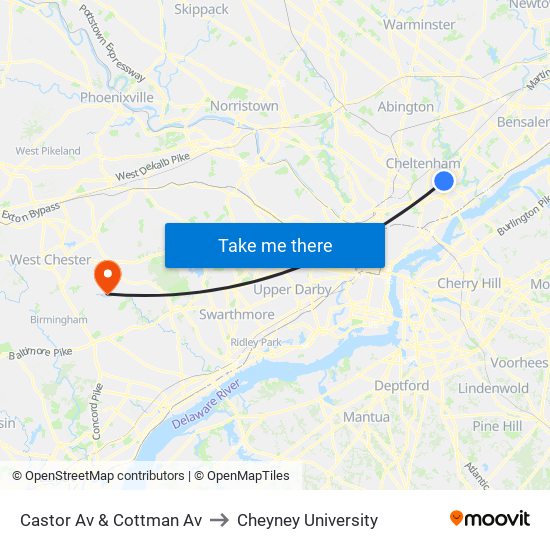 Castor Av & Cottman Av to Cheyney University map