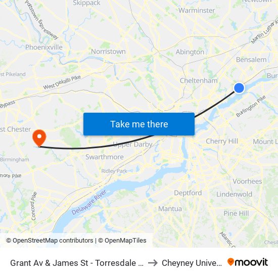 Grant Av & James St - Torresdale Station to Cheyney University map