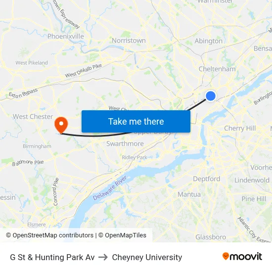 G St & Hunting Park Av to Cheyney University map