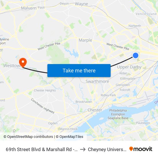 69th Street Blvd & Marshall Rd - Fs to Cheyney University map