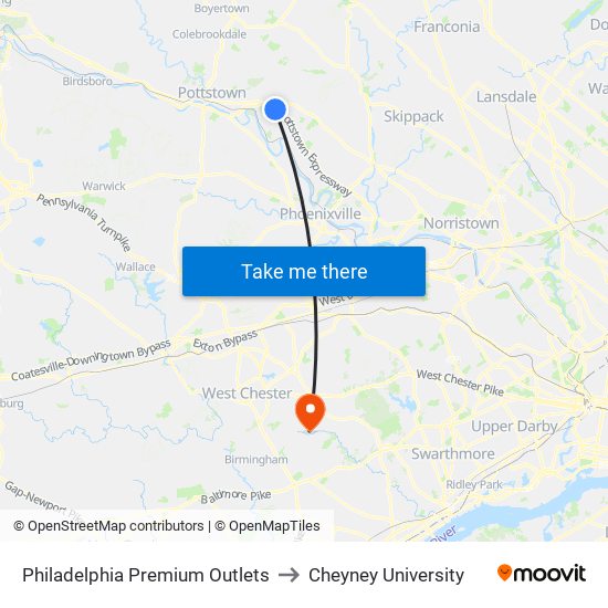 Philadelphia Premium Outlets to Cheyney University map