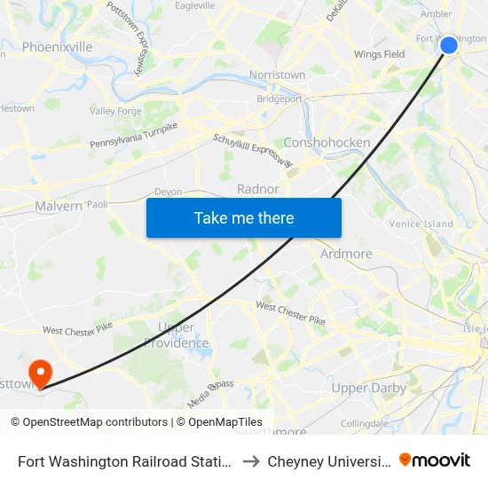 Fort Washington Railroad Station to Cheyney University map