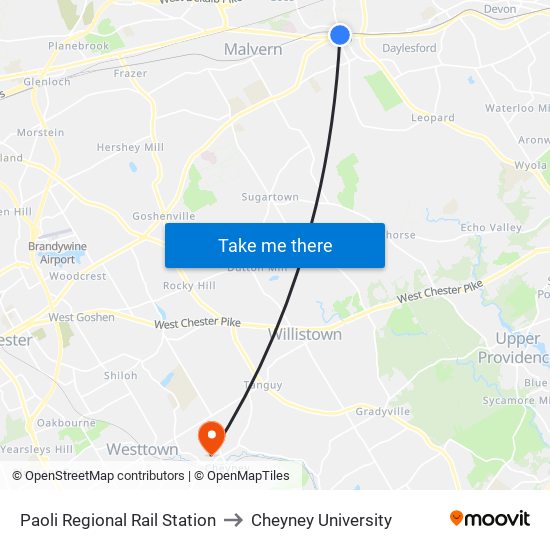 Paoli Regional Rail Station to Cheyney University map