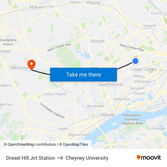 Drexel Hill Jct Station to Cheyney University map