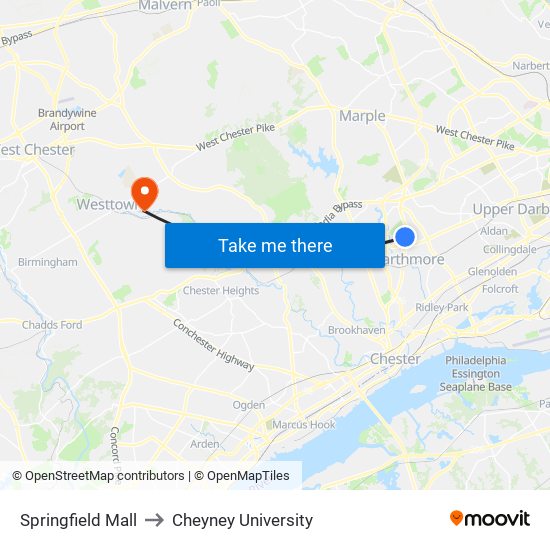 Springfield Mall to Cheyney University map