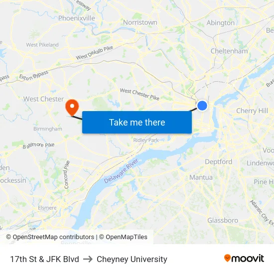 17th St & JFK Blvd to Cheyney University map
