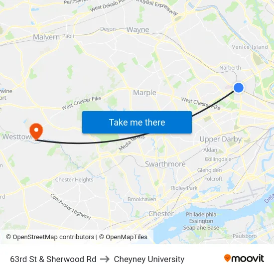 63rd St & Sherwood Rd to Cheyney University map