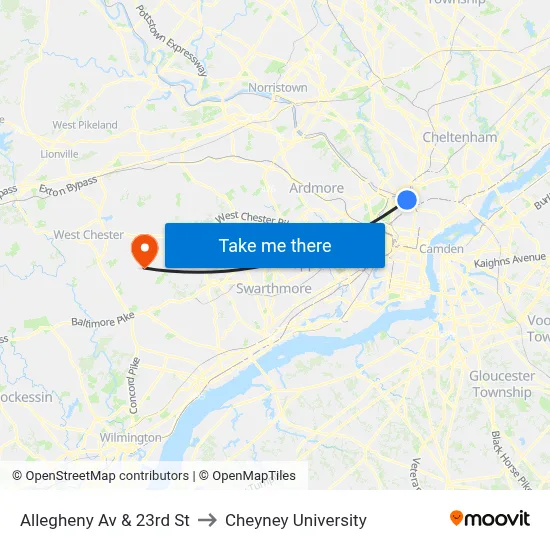 Allegheny Av & 23rd St to Cheyney University map