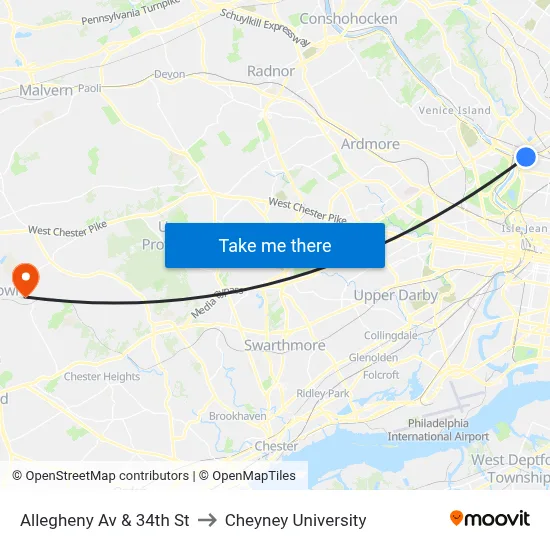 Allegheny Av & 34th St to Cheyney University map