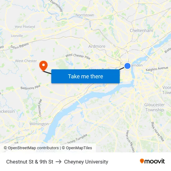 Chestnut St & 9th St to Cheyney University map