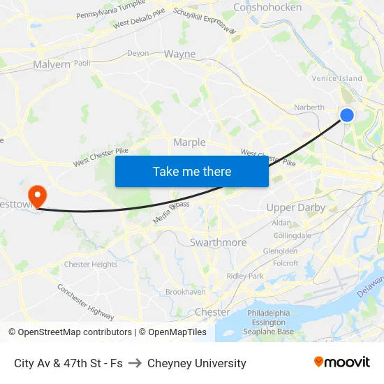 City Av & 47th St - Fs to Cheyney University map