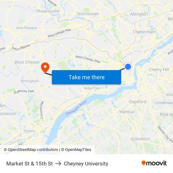 Market St & 15th St to Cheyney University map