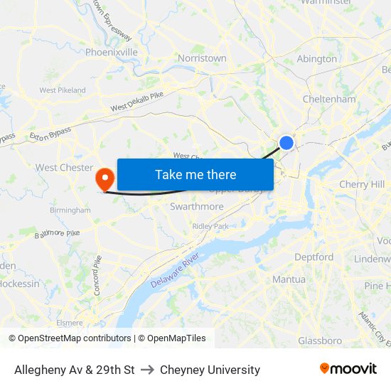 Allegheny Av & 29th St to Cheyney University map