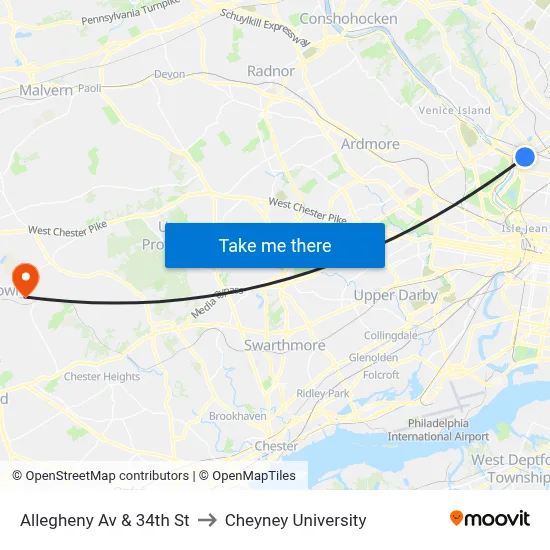Allegheny Av & 34th St to Cheyney University map