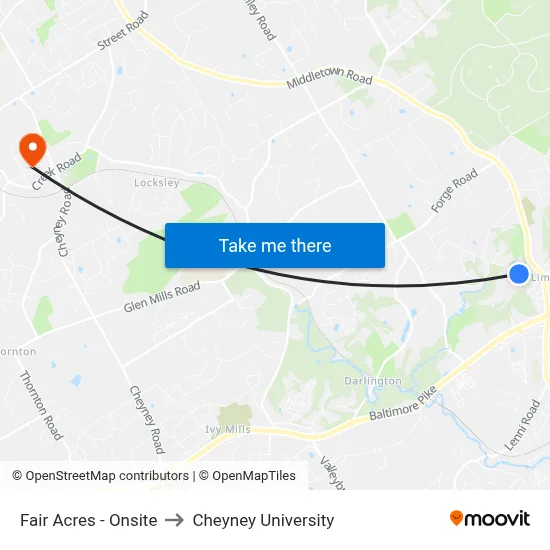 Fair Acres - Onsite to Cheyney University map