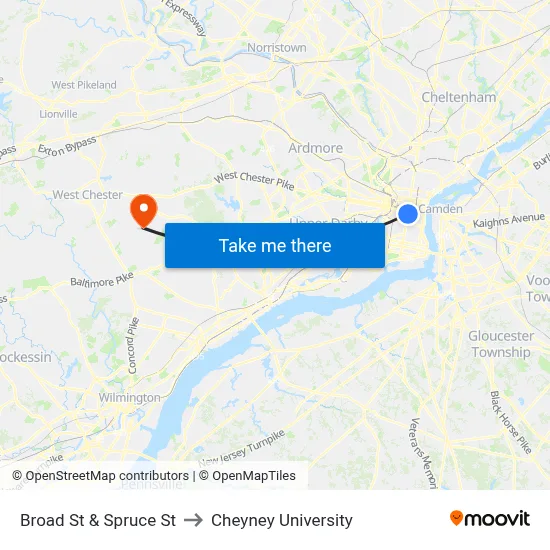 Broad St & Spruce St to Cheyney University map