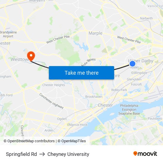 Springfield Rd to Cheyney University map