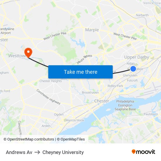 Andrews Av to Cheyney University map