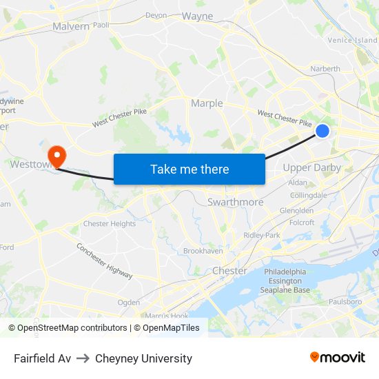 Fairfield Av to Cheyney University map